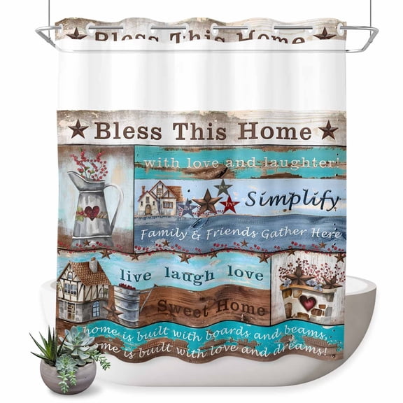 No Hook Shower Curtain, Rustic Star Farm Shower Curtains for Bathroom with See Through Top Window, American Country Berry Wood Grain Waterproof & Washable Bath Curtain Standard 72"x72"