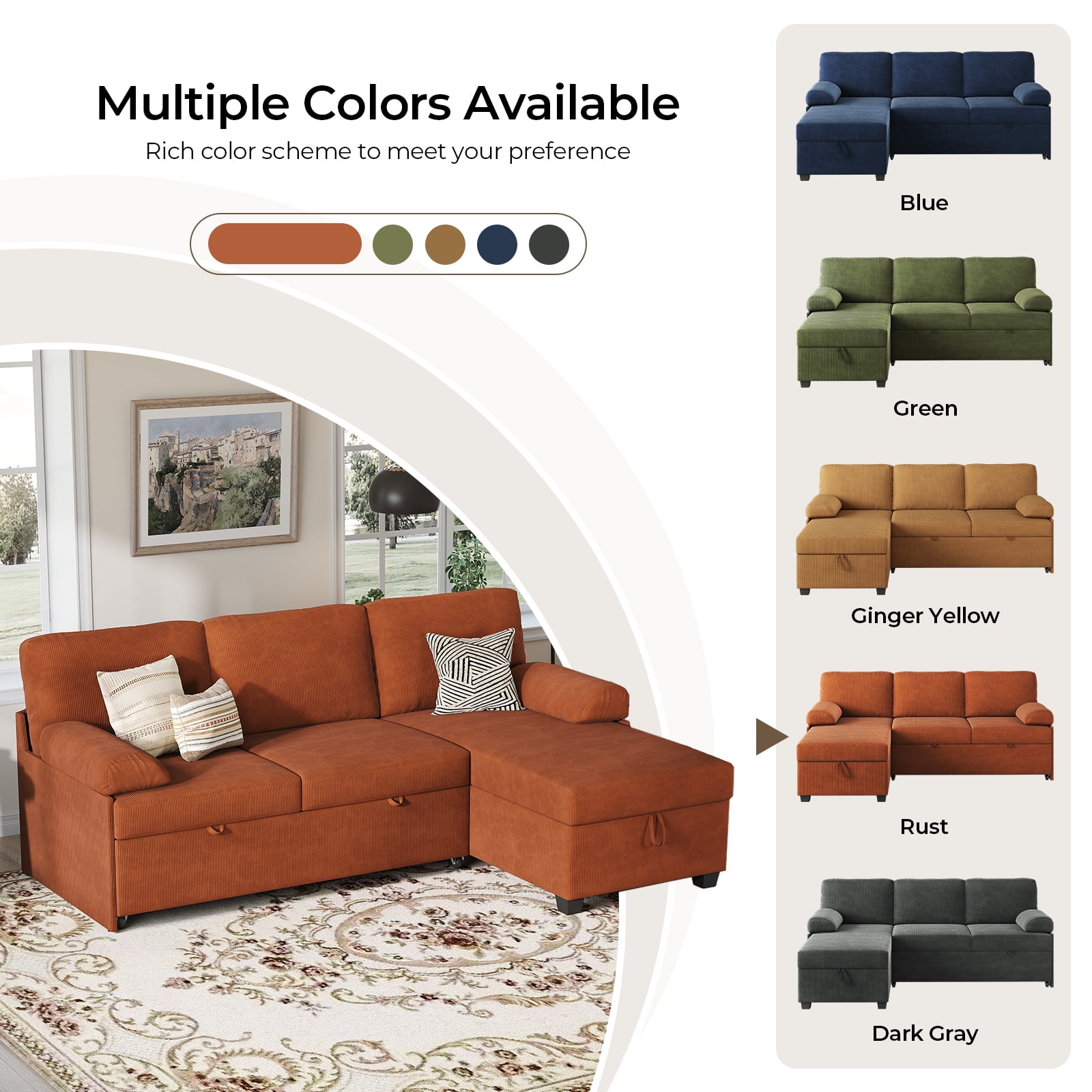 COPIAE 80 inch Convertible Sectional Sofa, L-Shaped Sofa Sleeper with Reversible Chaise,Couch Bed with Storage,Removable Armrest,Modern Pull Out Bed for Living Room Bedroom,Corduroy Rust
