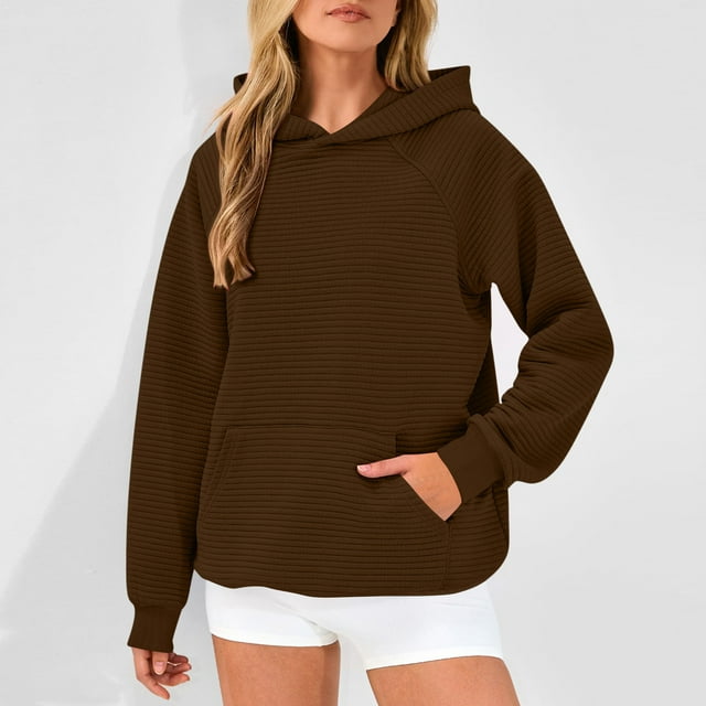 HAiming Women Hooded Sweatshirts Fall Winter Long Sleeve with Pocket Pullover Tops Trendy Solid Color Basic Blouse