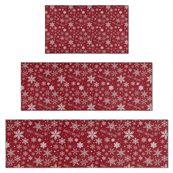 Red Christmas Snowflake Pattern Kitchen Rugs Sets Of 3,Kitchen Runner Rugs Non Skid Washable,Decorative Kitchen Floor Mats for Kitchen,Sink,Laundry,17"x30" 17"x47" 17"x59"