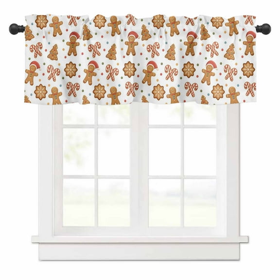 Cute Gingerbread Man Valances for Windows Christmas Tree Cane Candy Food Winter Rod Pocket Curtain Valance Window Treatment Short Curtains for Kitchen Living Room, 60"x14"