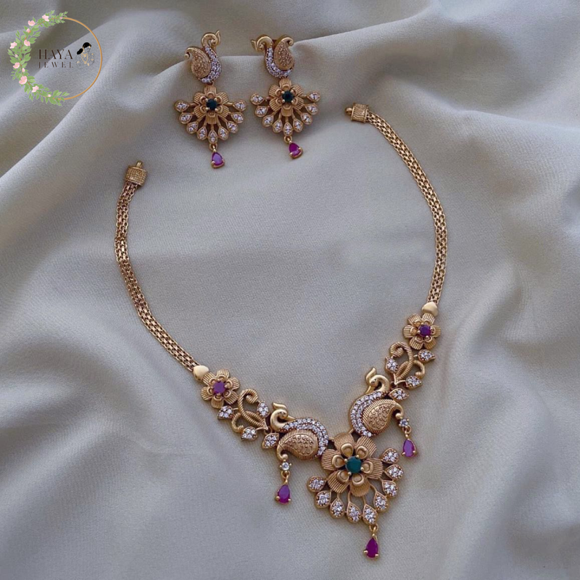 Antique Gold Plated Short Necklace Set with Ruby, Green & White CZ Stones – South Indian Bridal Jewelry with Matching Earrings, Bollywood Jewelry for Women