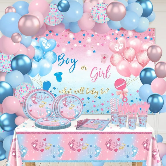 Mocsicka Gender Reveal Decorations Kit 251 PCS Boy or Girl Banner Disposable Plates Napkins Balloons Tablecloth Pink Blue Gender Reveal Party Supplies Set