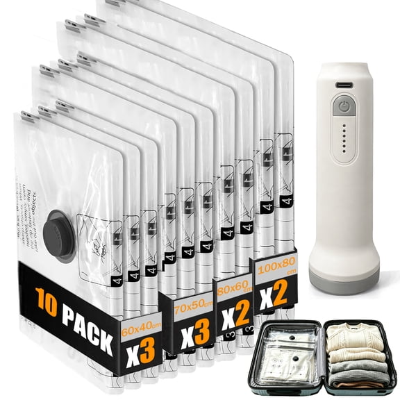 10 Pack Vacuum Storage Bags With Rechargeable Pump, Travel Vacuum Bags With Pump, Space Saver Bags For Cloth, Luggage,Travel,Home Storage (4 Sizes)