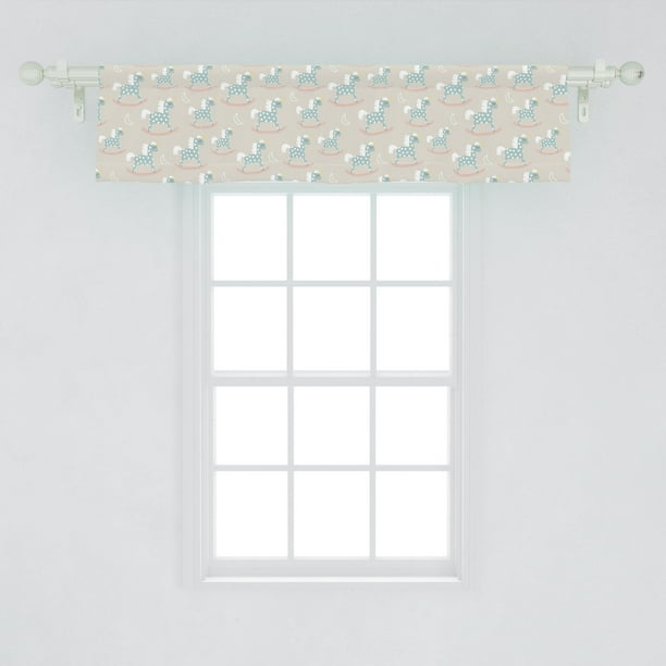 Nursery Window Valance, Kids Cartoon Rocker Horse Toy Ornamented with Polka Dots and a Horn Animal, Curtain Valance for Kitchen Bedroom Decor with Rod Pocket, by Ambesonne