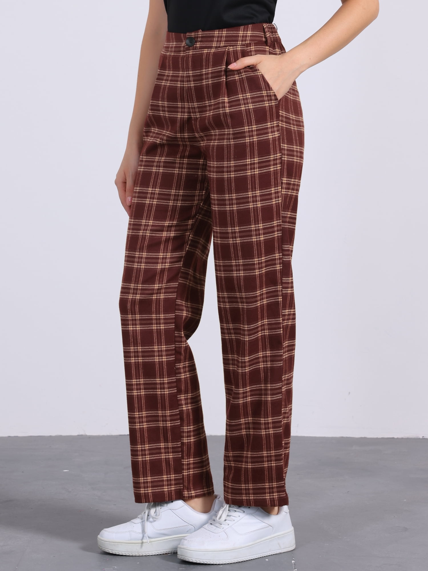 DARING DIVA Women's Plaid Pants Elastic Waist Casual Office Long Trousers M Wine Red