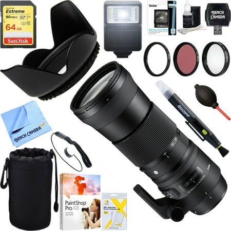 Sigma (745-110) 150-600mm F5-6.3 DG OS HSM Zoom Lens Contemporary for Sigma DSLR Cameras + 64GB Ultimate Filter & Flash Photography (Best Dslr Lens For Sports Photography)