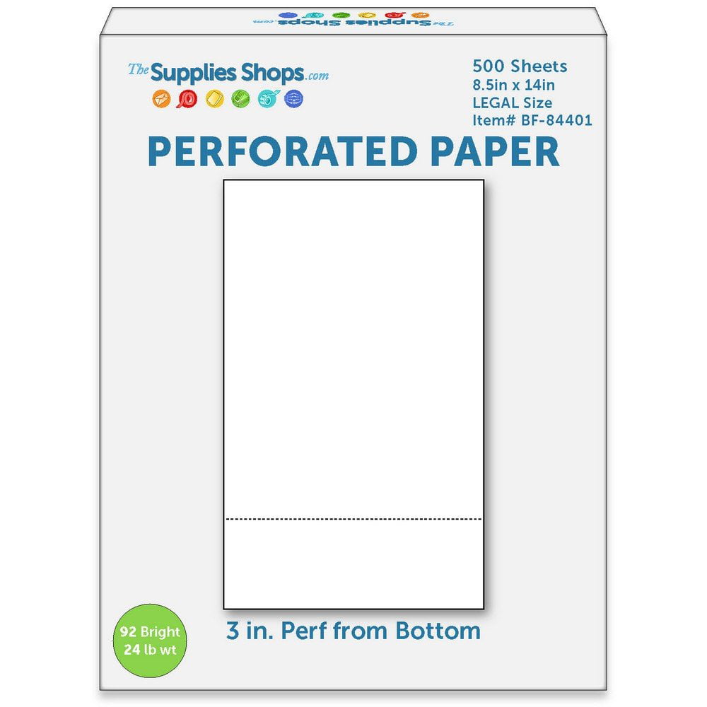 Perforated Paper, 3 From Bottom, Horizontal on White 24# LEGAL Size Copy  Paper (Ream of 500)