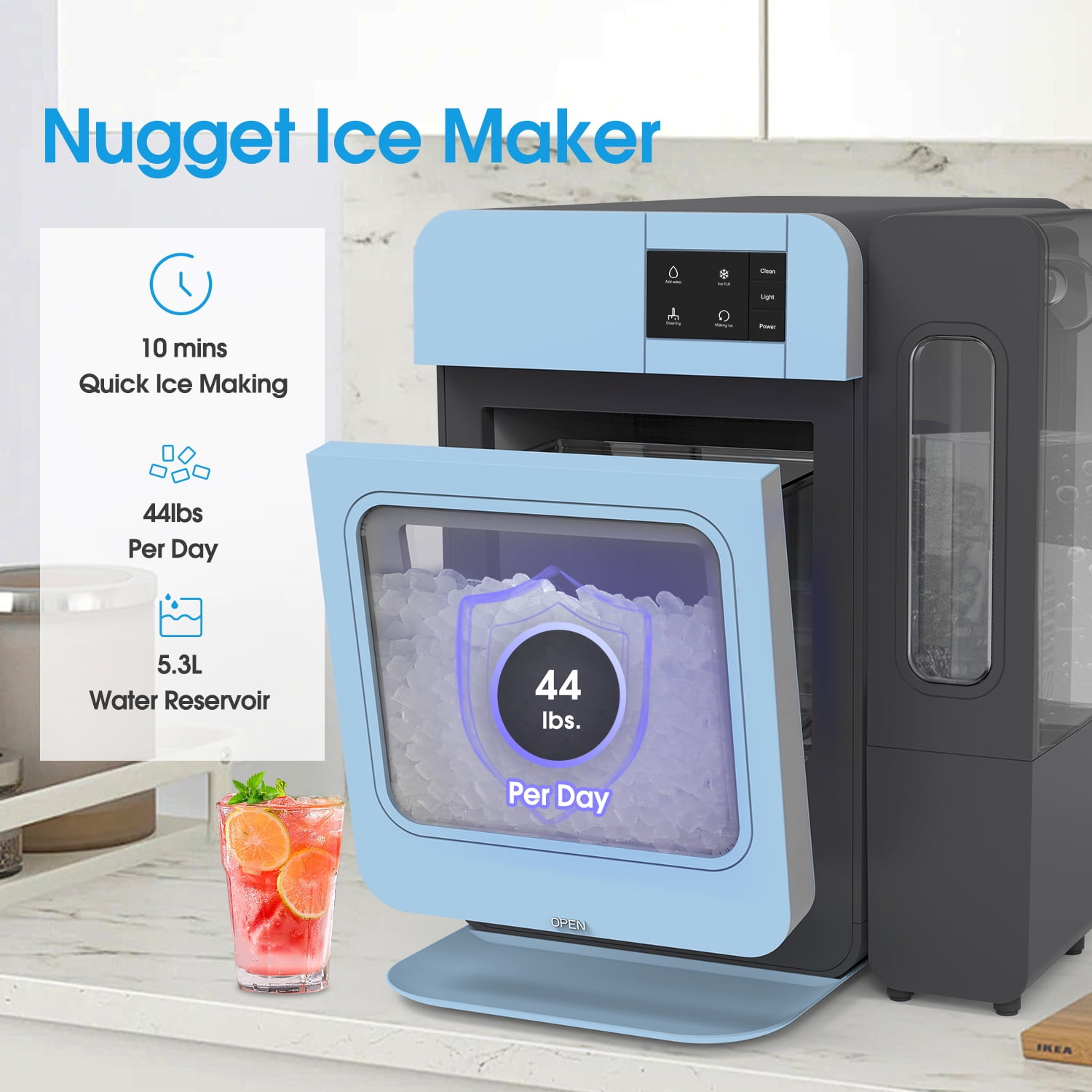 VECYS Nugget Ice Maker W/ Side Water Tank, 44LBS/Day Self-Cleaning, Blue