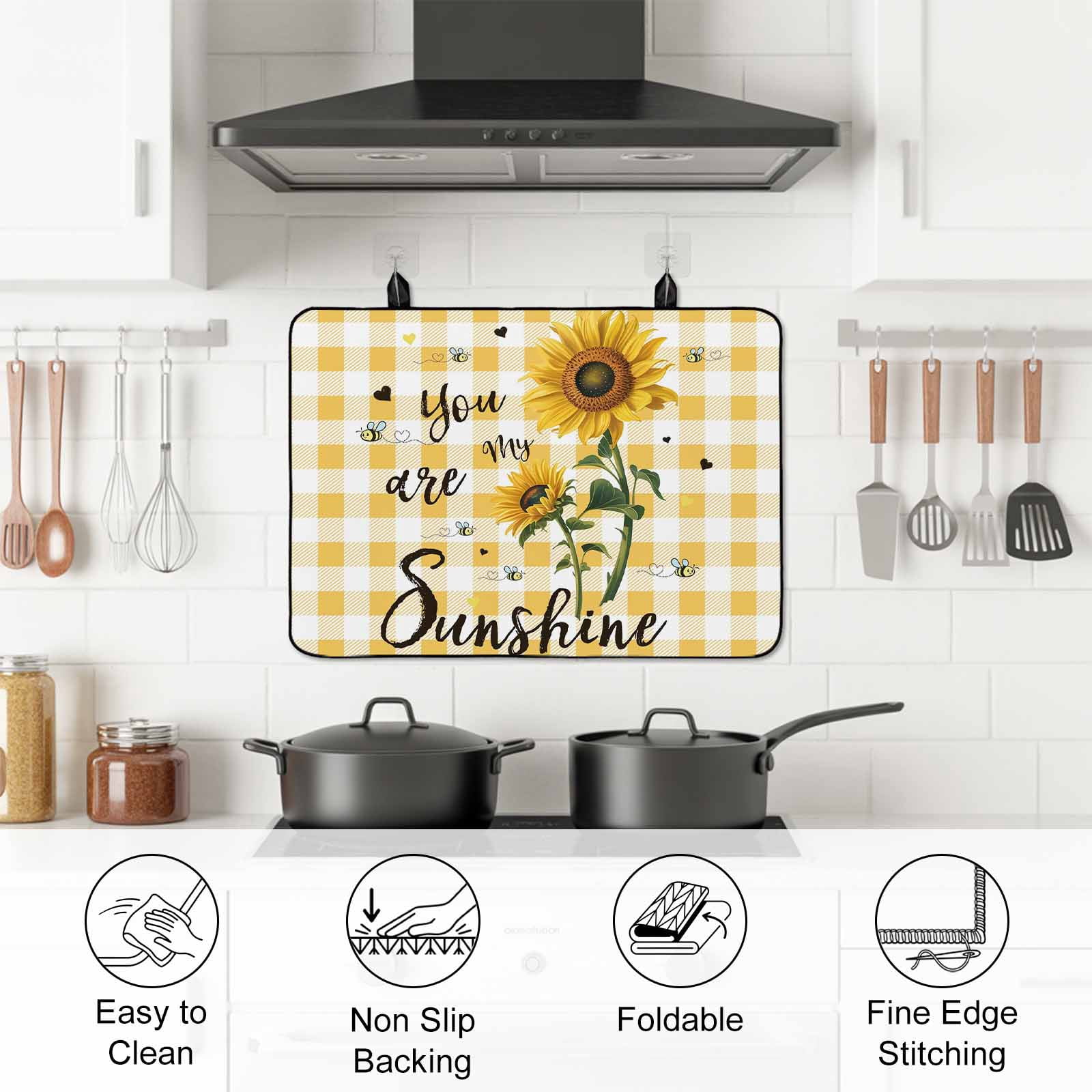 Sunflower Stove Top Cover for Electric Stove, Heat-proof & Non Slip Glass Top Stove Cover Protector, Yellow Plaid Lattice You Are My Sunshine Kitchen Flat Cooktop Rubber Mat 36x21 Inches