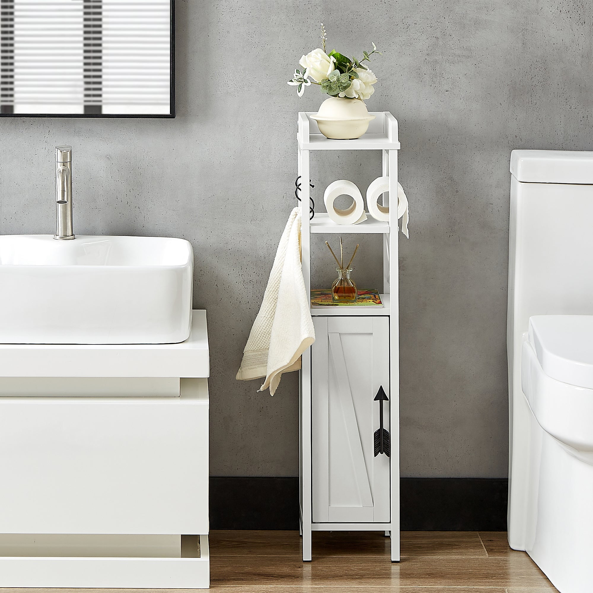 VECELO Small Bathroom Cabinet, Slim Toilet Paper Holder with Door & 2