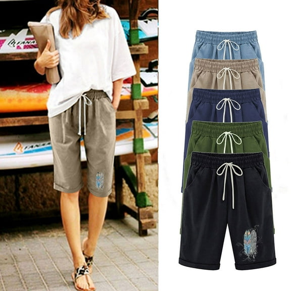 sovlvnd Discount 2024 Women's Summer Versatile Printed Five Points Large Size Fashionable Linen Pants Casual Lightweight Pants Shorts