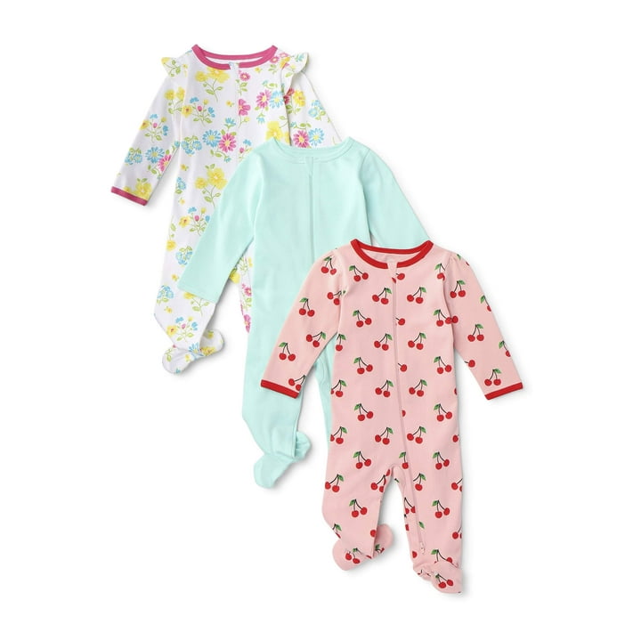 Wonder Nation Baby Girl Inverted Zipper Sleep 'N Play Pajamas, 3Pack
