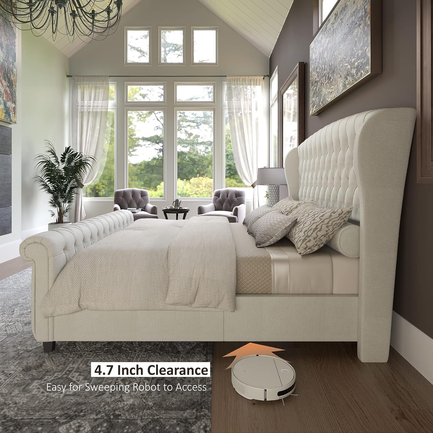 Amerlife King Size Bed Frame with Chenille Upholstery, Scroll Wingback Headboard and Footboard, Cream