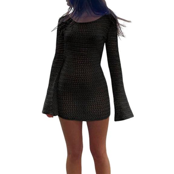 Womens Solid Color Crochet Lace Backless Long Sleeve Cover Up Sweater Beach Dress Summer Holiday Black S