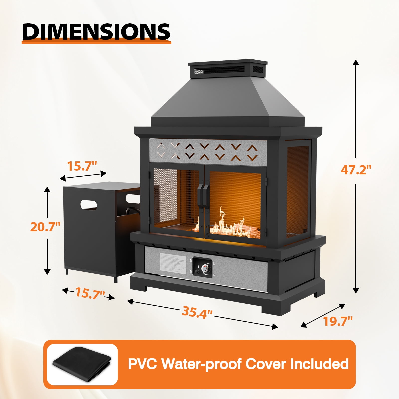 COOS BAY 50000 BTU Outdoor Propane Gas Fireplace with Tank Table, Rectangle Steel Fire Pit, PVC Cover & Ceramic Logs