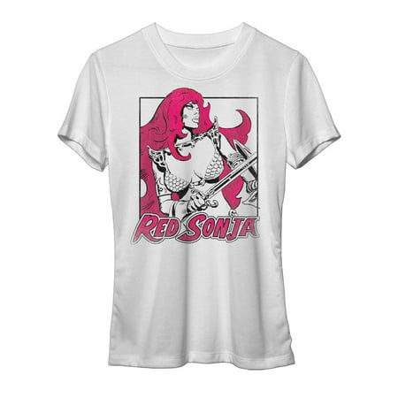 Red Sonja Sword and Shield Ready for Battle Pink Hair Juniors T-Shirt
