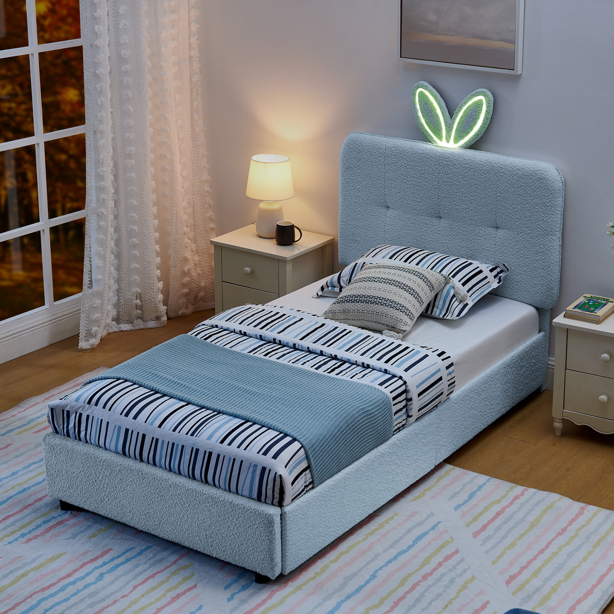 Mintazer Twin Upholstered Kids Bed with Oversized Rabbit Ear Headboard, Boucle Fabric Platform Bed with LED Headboard & 4 Storage Drawers, Blue