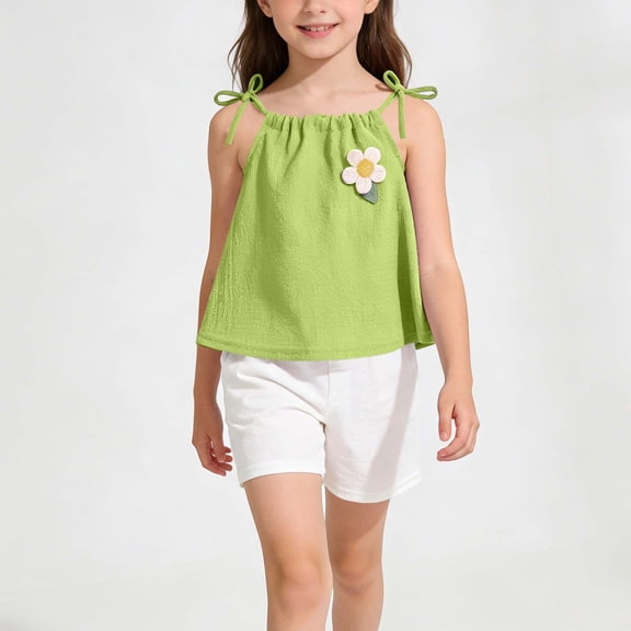 DAETIROS Girls Summer Outfit Set 2 Piece, Soft Stretchy Cami Top & High Waist Shorts, Play Clothes with 3D Flower, Green, Kids to Kids Sizes,Size 7-8 T