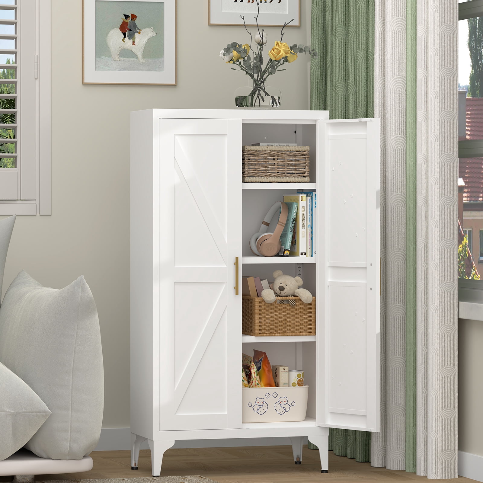 Marcree Metal Kitchen Storage Cabinets ,Cupboard with 3 Adjustable Shelves,Small Pantry Cabinet with Doors,Kitchen Pantry Storage Cabinet for Living,Dining,Bathroom,White