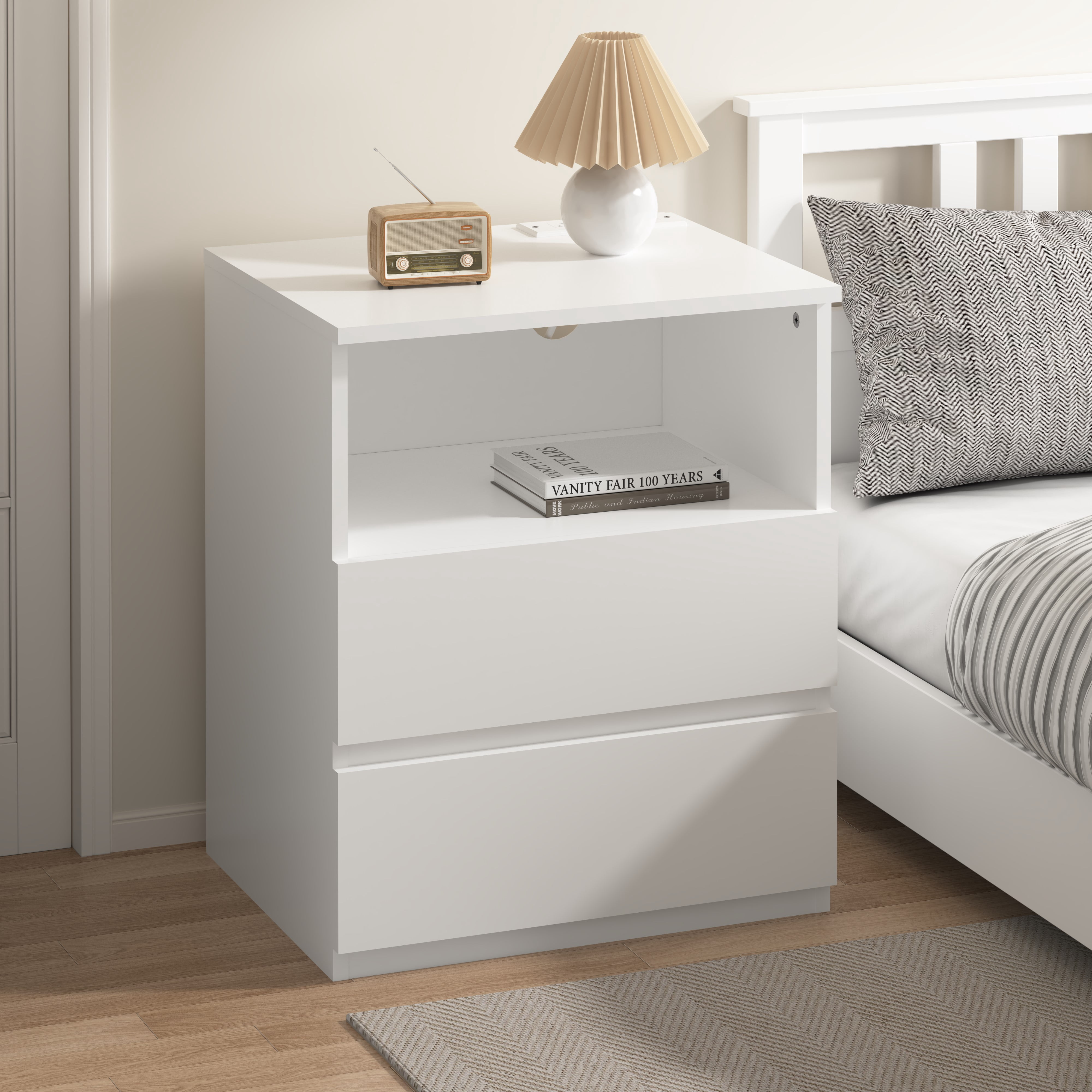 Mintazer Nightstand Set of 2, Bedside End Table with Charging Station, 2 Drawers & Open Storage Compartment, Particle Board Side Table for Bedroom Living Room, White