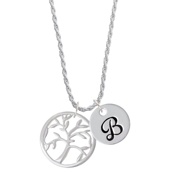 Delight Jewelry Silvertone Tree of Life in Circle Silvertone Script Initial Disc - B - Charm Necklace, 20" 3"