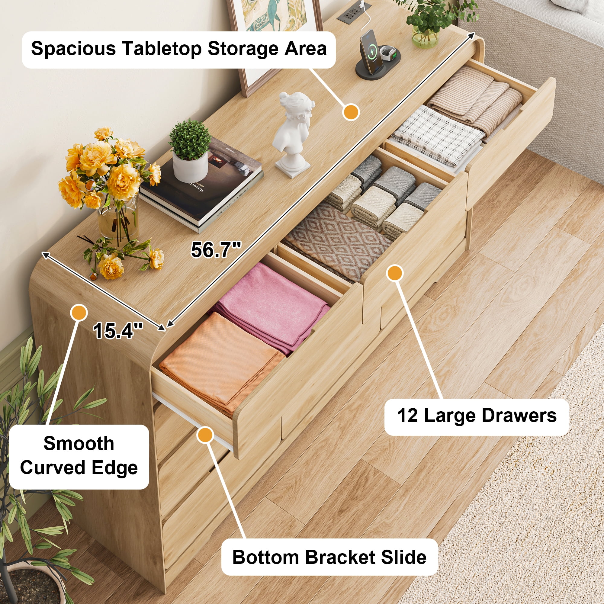 ANPOO 12 Drawers Dresser for Bedroom, 63"W Dressers & Chest of Drawers w/Power Outlet, Curved Design, Wood Mid Century Storage Cabinet, Natural Texture, for Bedroom, Hallway, Oak