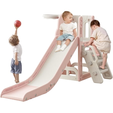 Pink Toddler Slide,Kids Climber Slide with Storage Space Indoor Outdoor Playset with Basketball Hoopa and Telescope,Slide for Toddlers Age 1-3