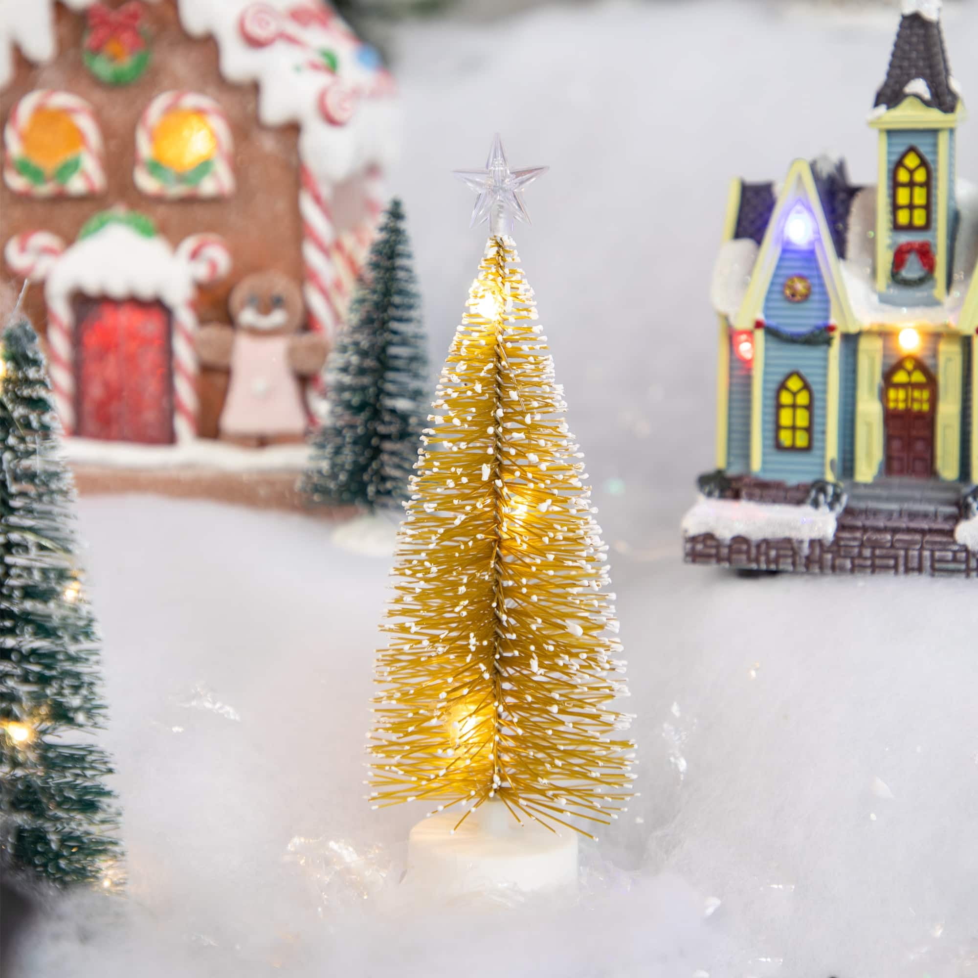 Set of 2 LED Pre-Lit Mini Bottle Brush Pine Christmas Village Trees - 7" Gold