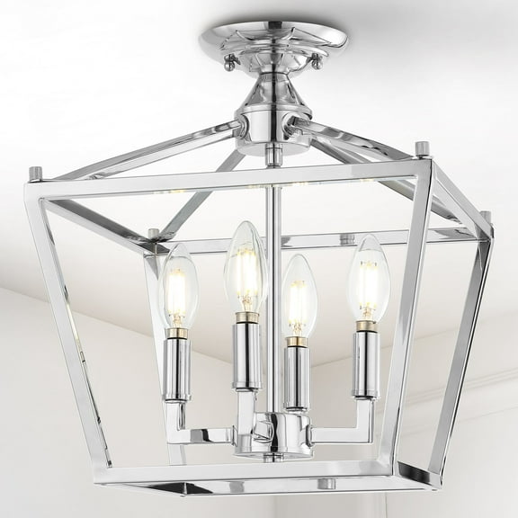 JONATHAN Y Plains Mini Lantern 12" 4-Light Iron Modern Farmhouse Pagoda LED Semi Flush Mount Lantern, Chrome, JYL7610C