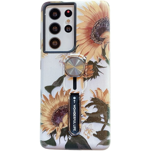 Samsung Galaxy S21 Ultra 5G Cas Doigt Poignée Pied, Conception Florale Mignon Robuste Résistant aux Chocs Slim Doux TPU + Mat PC Double Couche Anneau Sangle Couverture pour Galaxy S21 Ultra - 2021(Tournesol)