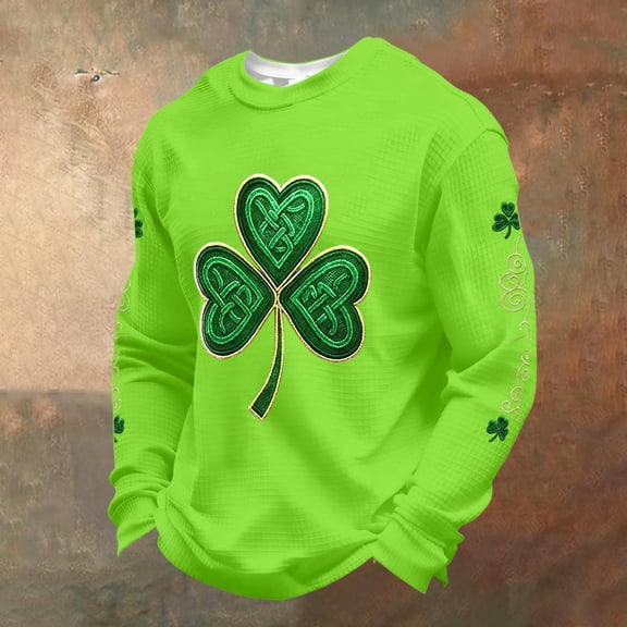 Dwelliawo St Pattys Waffle Shirt Men Print Long Sleeve Waffle Knit T Shirt Loose Fit St Patricks Day Celtic Cross Flag Slainte Clover Graphic Tees Crewneck Blouses Fluorescent Green 2XL