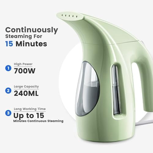Steamer for Clothes, Portable Handheld Design, 240ml Big Capacity, 700W, Strong Penetrating Steam, Removes Wrinkle, for Home, Office and Travel(ONLY FOR 120V)(Green)