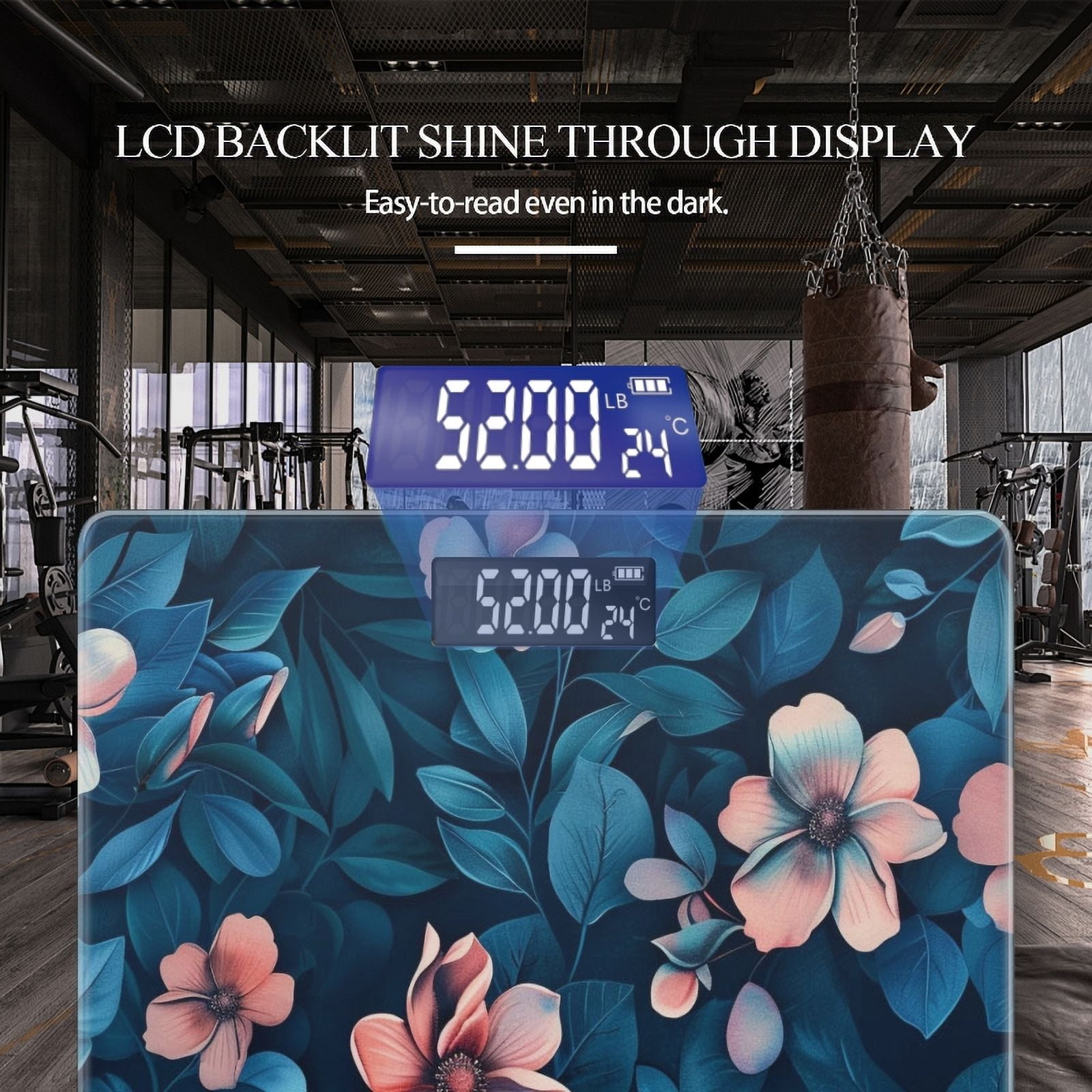 Bathroom Scale, Highly Accurate Digital Body Scale,Precisely Measures Weight up to 400 lbs-Beautiful Floral Pattern With Flowers And Leaves On Blue Background