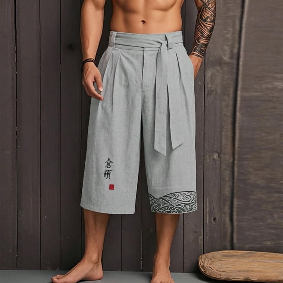Men Pants New Wide Leg Cropped Chinese Style Linen Blend Breathable Loose Fit Casual Summer Trousers with Embroidery Print