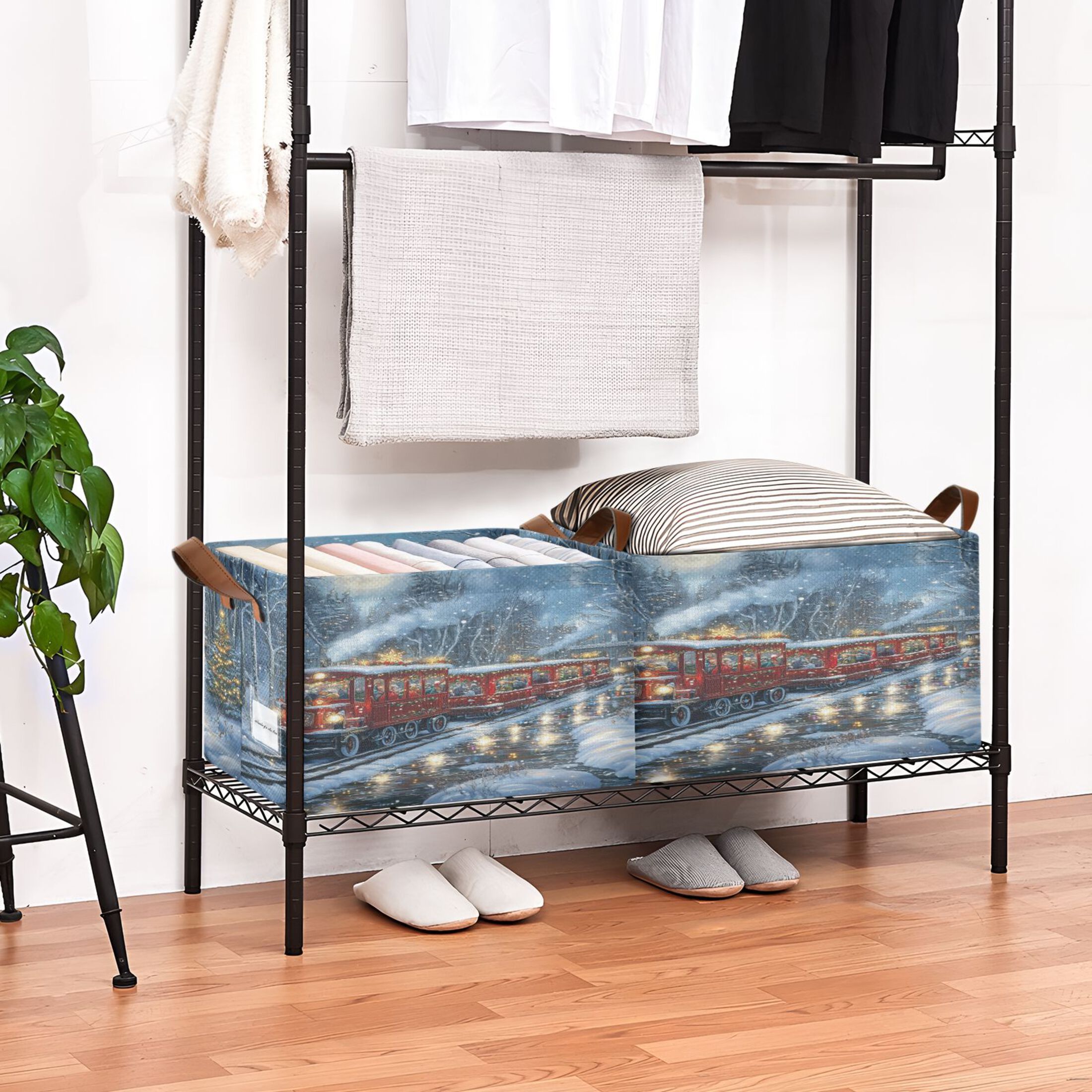 Christmas Train Picture Storage Basket Soccer Plaid Fabric Hoard Box Oversized Collapsible Closet Organizer with Metal Iron Frame 16.9×11.4×10in