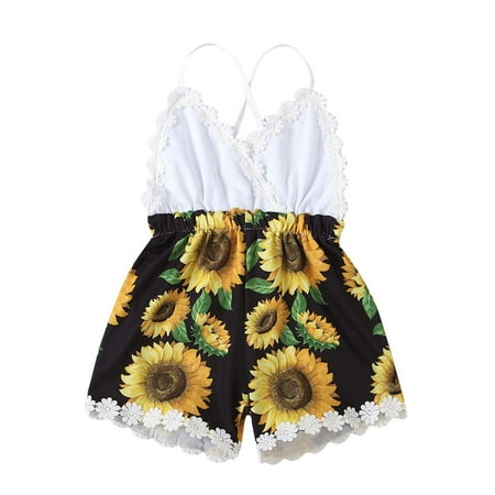 

REORIAFEE Girl s Floral Print Romper Boho Romper Backless Sunflower Print Romper Dressy Romper Fall Romper Infant Jumpsuit Newborn Romper Summer Romper for Girls Black 4-5 Years