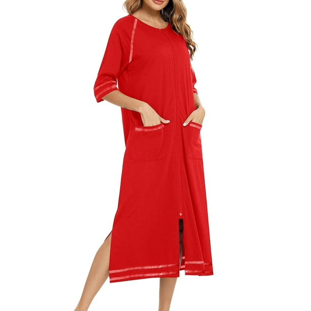 Batas de invierno para mujer, camisón cálido y camisón de invierno con cremallera y bolsillos, pijama holgado para mujer.