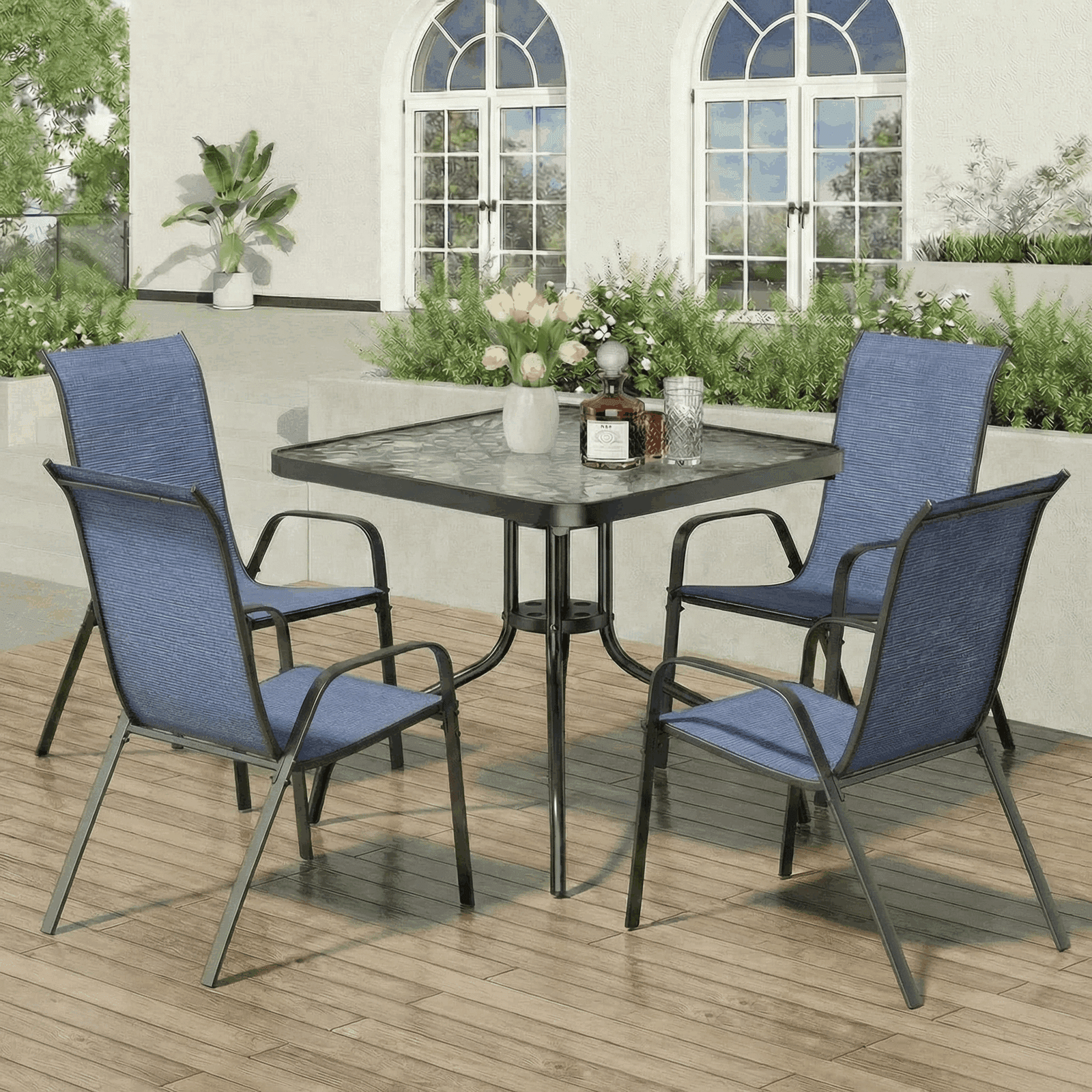 Pirecart Outdoor Table Furniture Set Patio Dining Table Set with 4 Stackable Textilene Chairs, Dark Blue