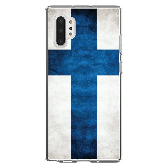 DistinctInk Clear Shockproof Hybrid Case for Galaxy Note 10 PLUS (6.8" Screen) - TPU Bumper, Acrylic Back, Tempered Glass Screen Protector - Finland Old Flag - Finland