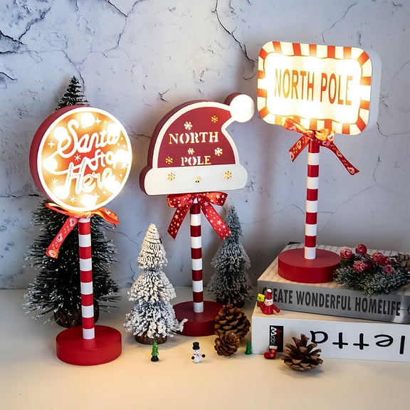 Christmas Street Sign Decorative Light with Bowknot Wooden Christmas Festival Display Window Desktop Atmosphere LED Light