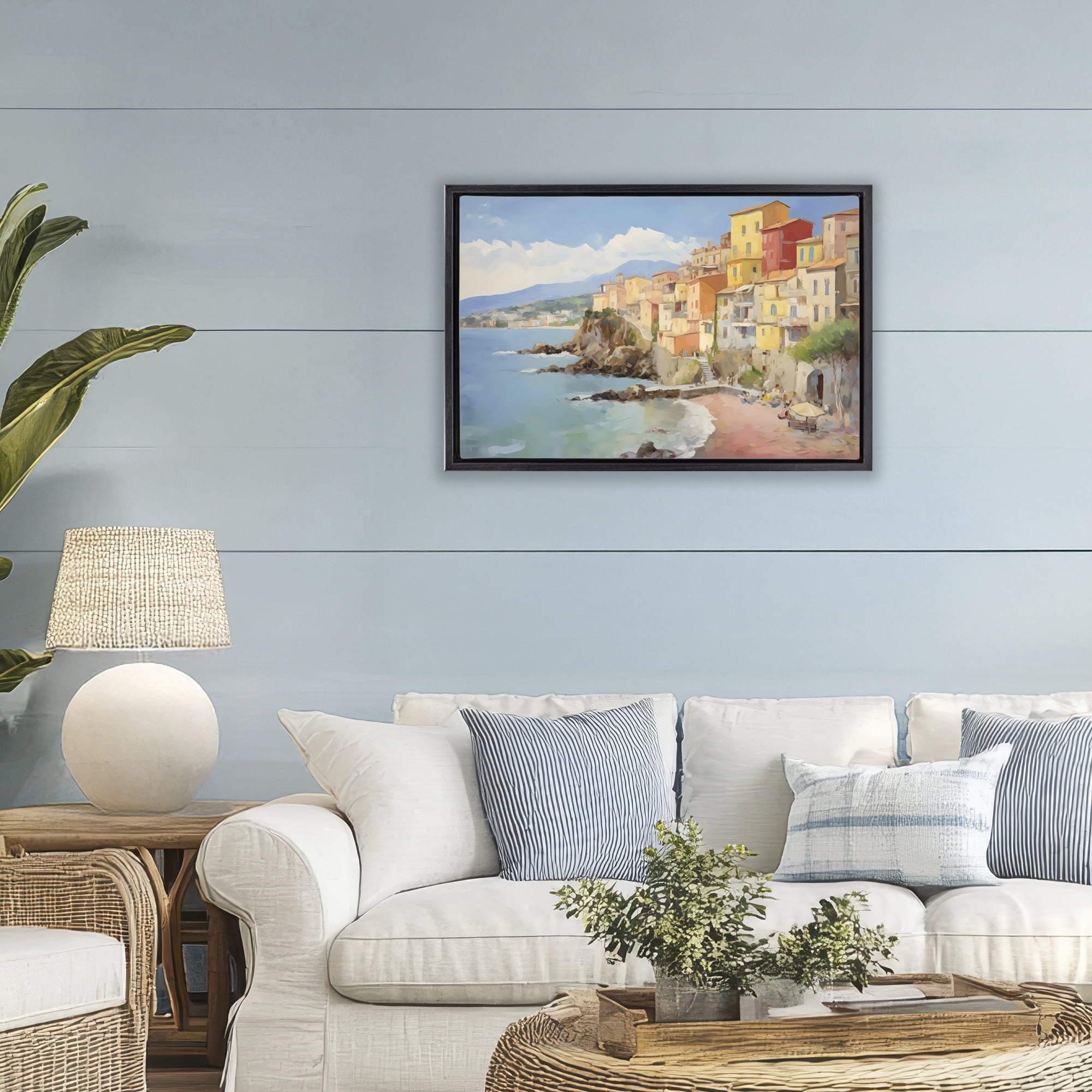 Stupell Industries Colorful Coastal Town by Sea Black Framed Floater Canvas Wall Art, design by Creative Studio