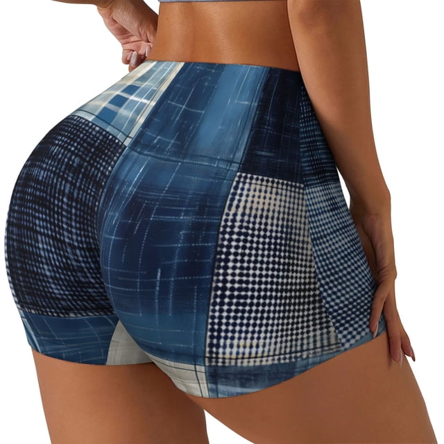Fotbe Indigo Patchwork Quilt Shorts Sin Costuras – Shorts Deportivos de Cintura Alta para Mujer, Elásticos para Gimnasio, Yoga, Running o Ciclismo-Small