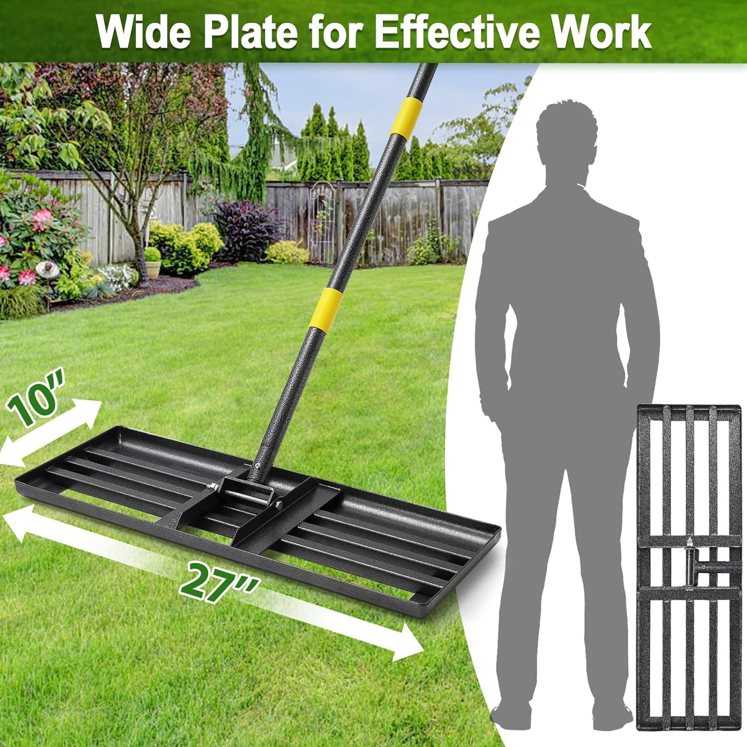 YeYeBest 27" x 10" Lawn Leveling Rake,Large Level lawn Tool, 5ft Adjustable Long Handle Level Lawn Rake for Soil Grass Golf Field