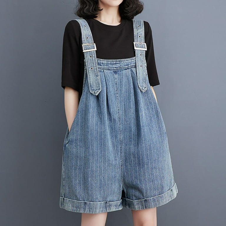 Women Denim Dungarees Shorts Casual Loose Adjustable Straps