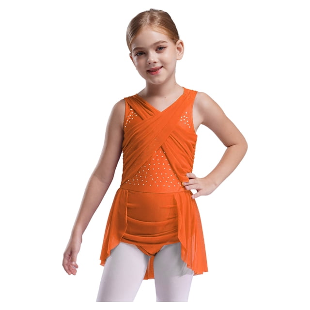 Raenseen Girls Rhinestone Skating Leotard Lyrical Ballet Dance Dress Cutout Back Dress Performance Costume Orange 10