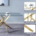 thumbnail image 3 of 7-Piece Glass Dining Table Set, 63" Tempered Glass Top with Gold Stainless Steel Cross Legs, 6 Velvet Upholstered Tufted Dining Chairs with Pull Ring, for Dining Room, Living Room, 3 of 6