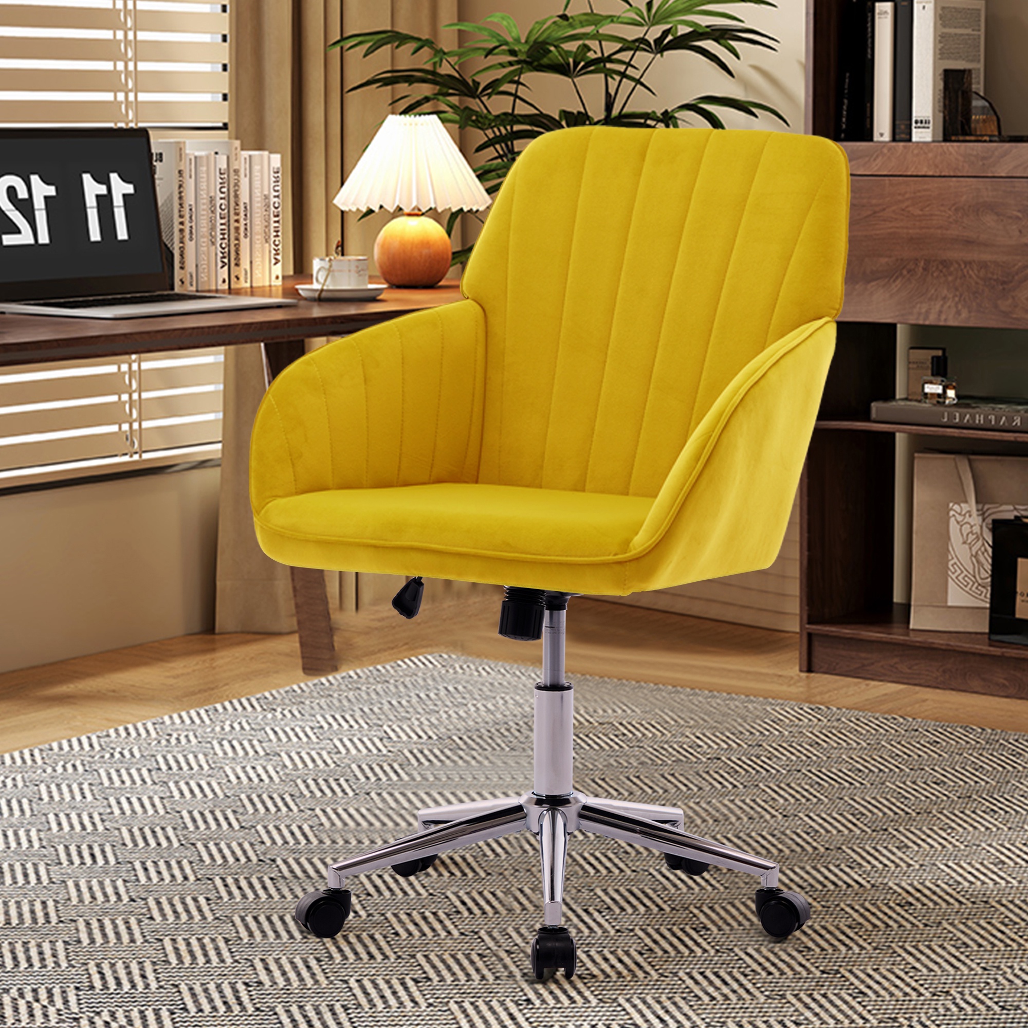 PORKISS Vanity Chair, Swivel Home Office Chair, Ergonomic Desk Chair with Silver Metal Base, Adjustable Height, Velvet Upholstered Task Chair, Bright Yellow