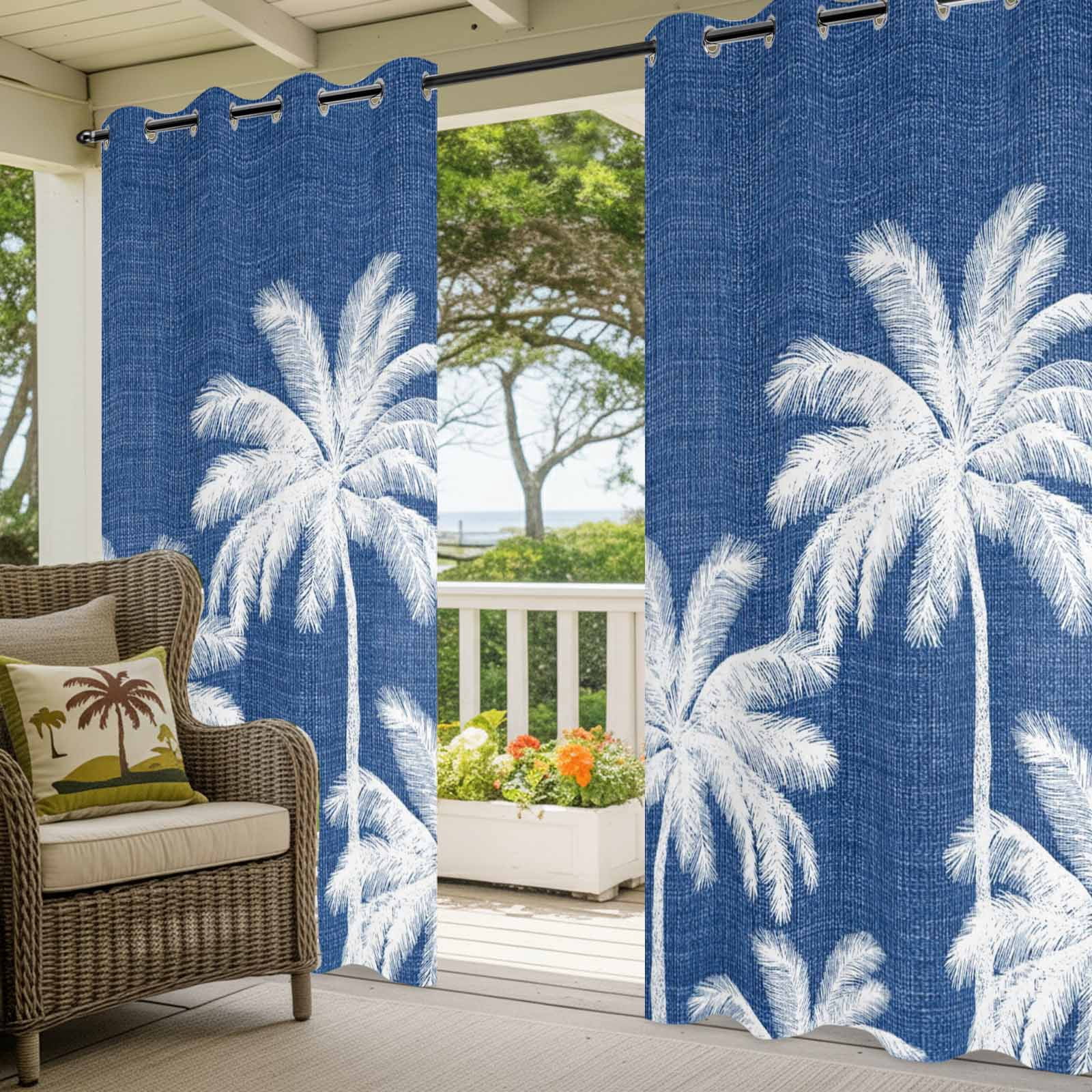 Navy Blue Palm Trees Outdoor Curtains for Patio, Summer Beach Tropical Farmhouse Sunshade Privacy Drapes Grommet Waterproof Outside Curtains for Porch/Cabana/Balcony 54"x 108", 1 Panel