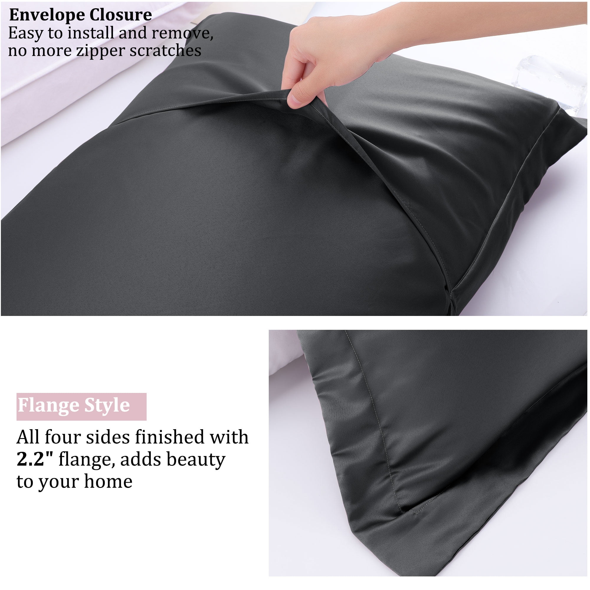 Unique Bargains 2-Pack Satin Silk Envelope Closure Pillow Shams Black European